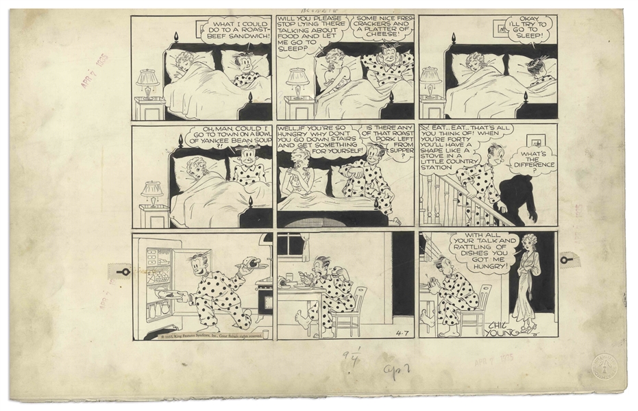Chic Young Hand-Drawn ''Blondie'' Sunday Comic Strip From 1935 -- Dagwood Grabs a Midnight Snack